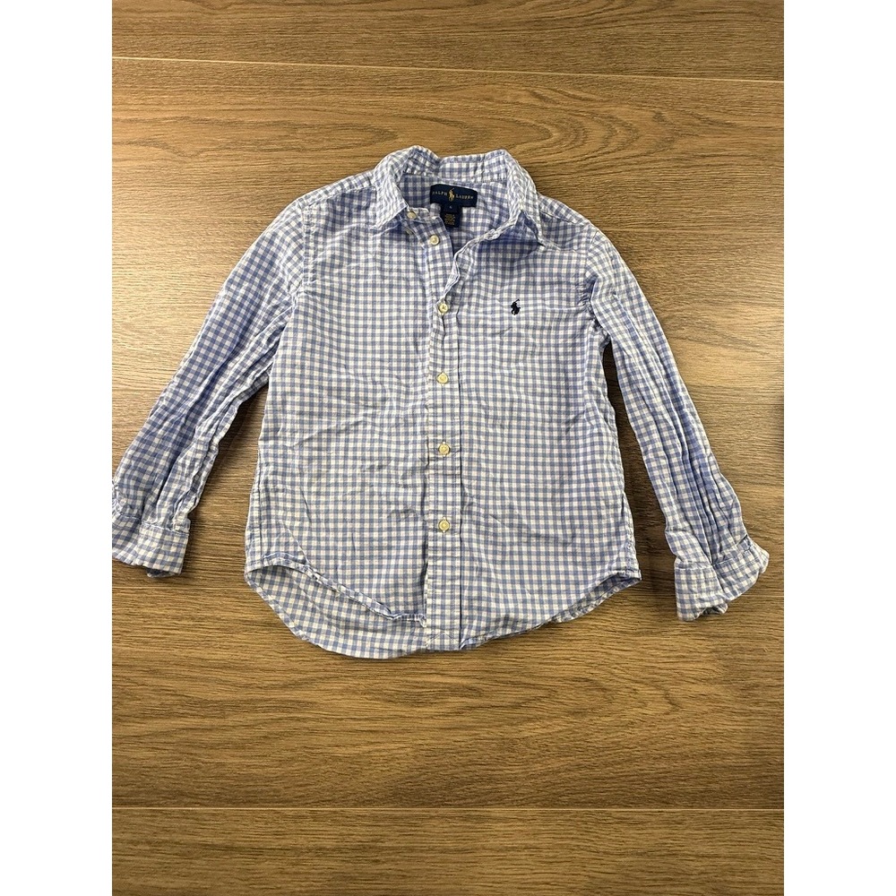 Ralph Lauren Kids Blue Gingham Cotton Button Down Shirt Size 6 Long Sleeve Pony - Picture 2 of 10